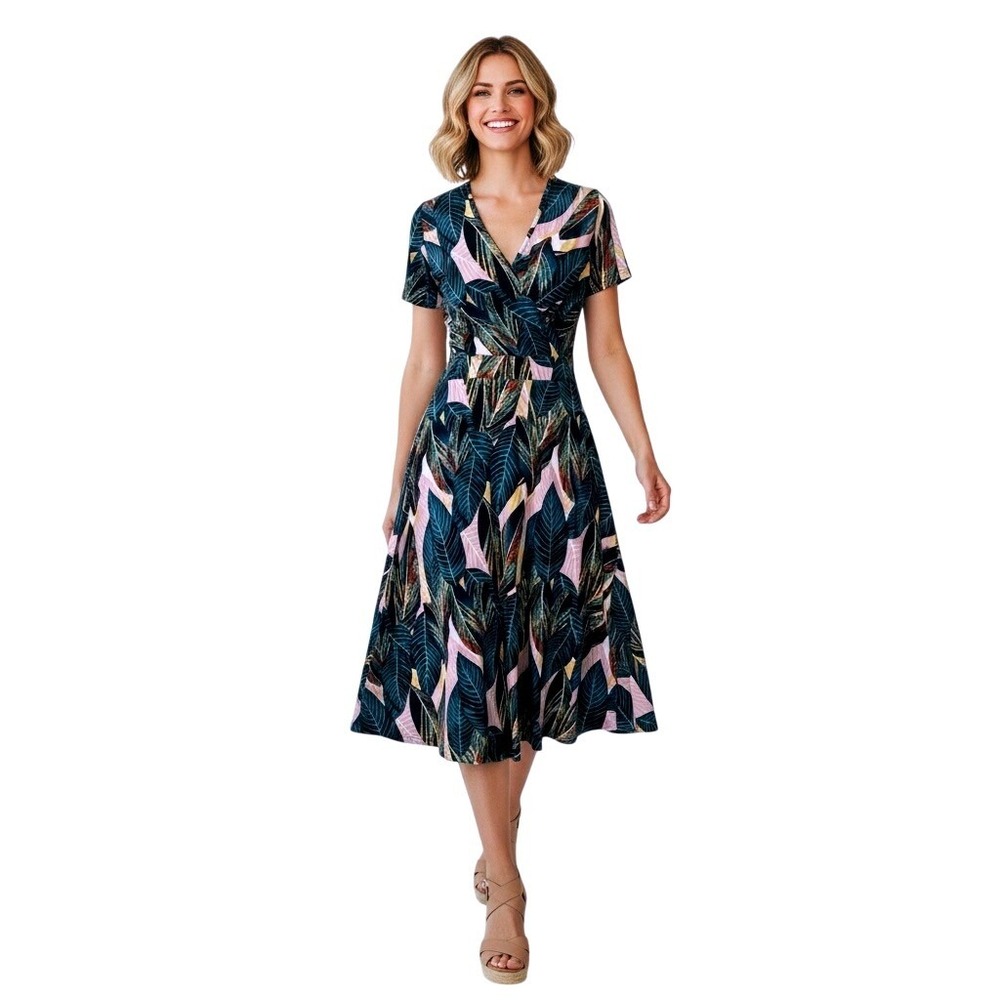 Tropical Leaf Print Faux Wrap Midi‎ Dress Small Green Pink Botanical Casual Boho